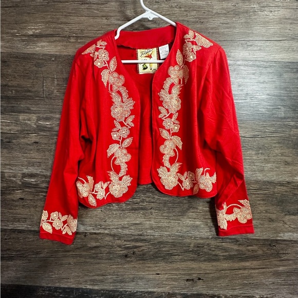 Folette Elegant Red and Gold Cropped Blazer Jacket with Ornate Embellishments - Picture 7 of 8